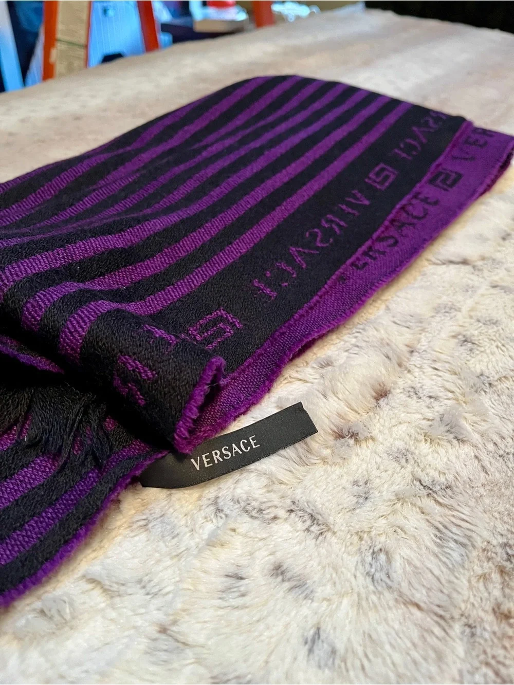 Vintage Versace Black and Purple Striped Fringe Scarf